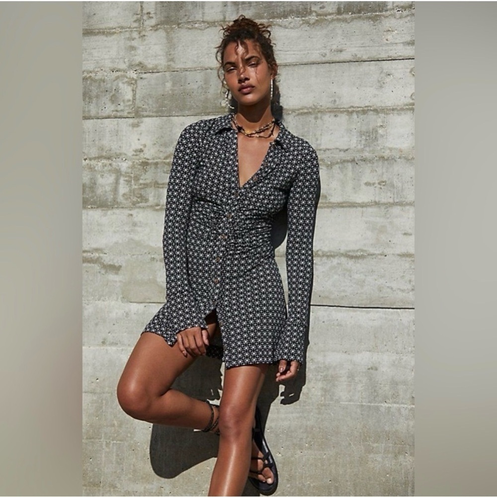 Free People Shayla Black White Retro Ruched Spring Mini Dress M y2k 90s - Picture 6 of 11